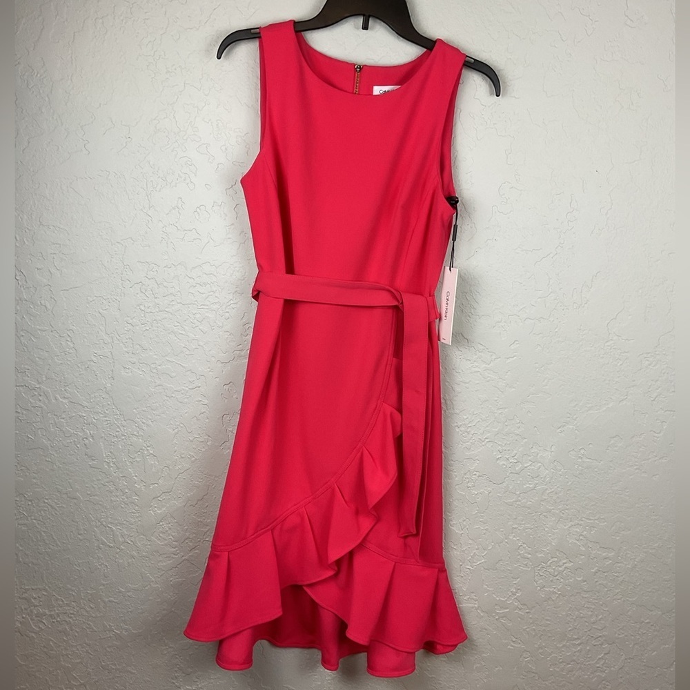 NWT Calvin Klein Hibiscus Pink Faux Wrap Sleeveless Dress Ruffle Hem Sz 8